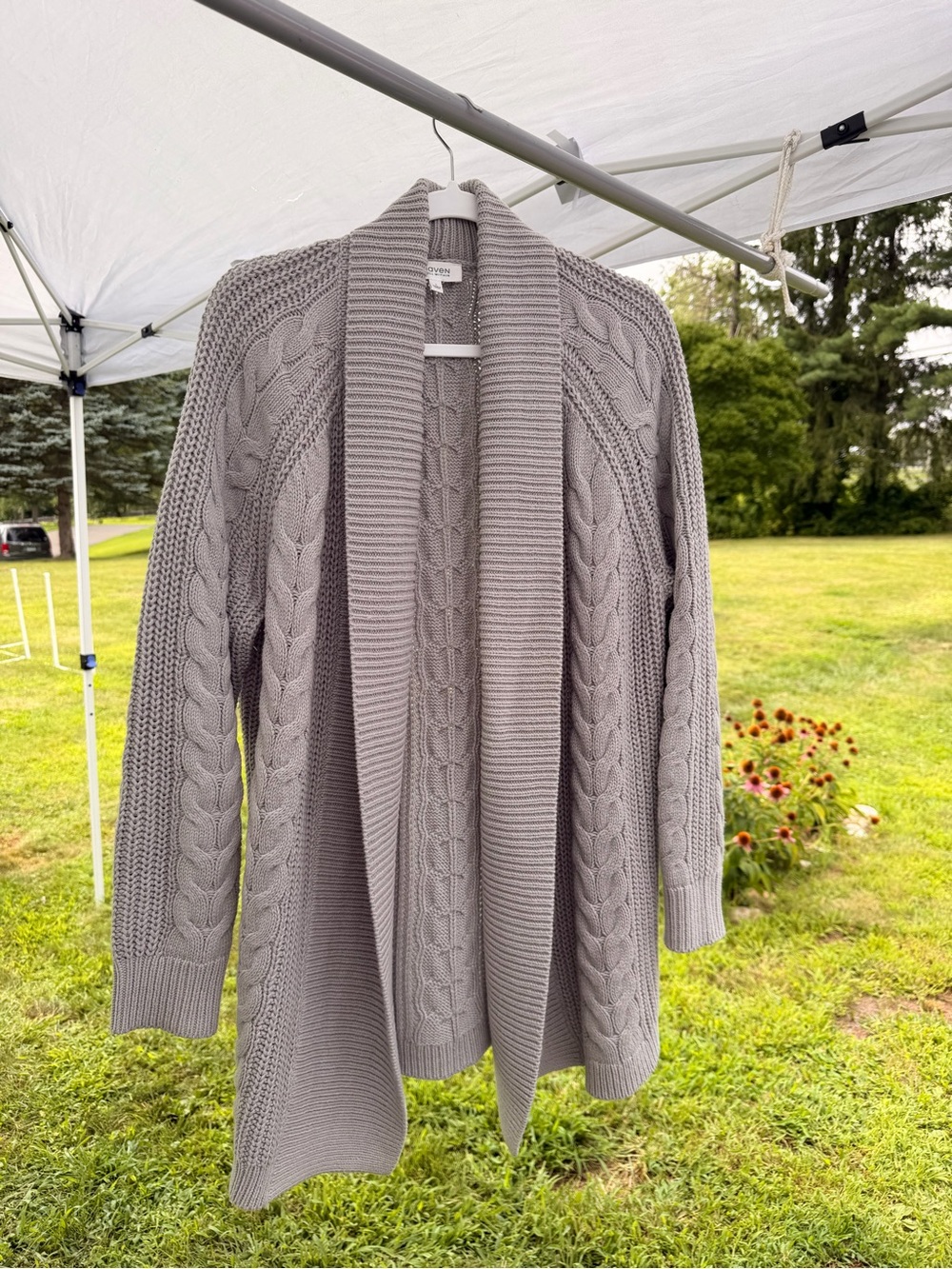 Women's Gray Cable Knit Open Front Cardigan Sweater